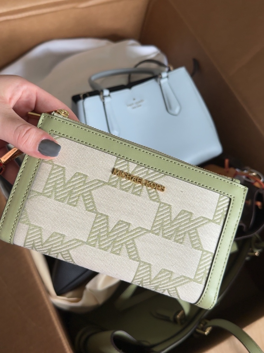 Michael Kors Sage Green and Cream Signature Zip Wallet